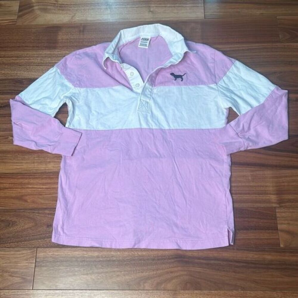 Victoria secret pink woman's long sleeve rugby shirt dog logo polo top